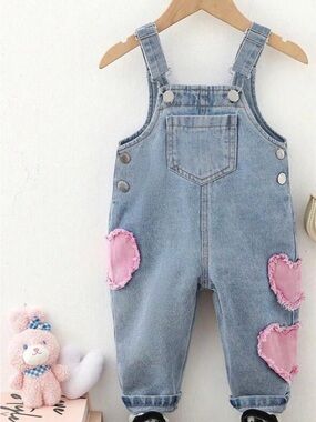 Kids Denim Overalls with Pink Heart Patches